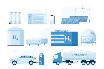 Hydrogen production set vector illustration. Cartoon isolated infographics of green innovation technology, H2 electrolysis plant station for power generation and transport, hydrogen storage tank