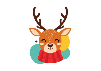Fototapeta premium Adorable festive deer wearing a cozy red scarf with whimsical background elements