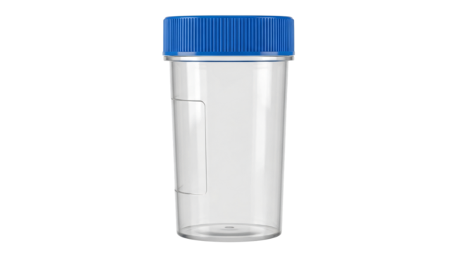 Clear plastic specimen cup with blue lid isolated on transparent background