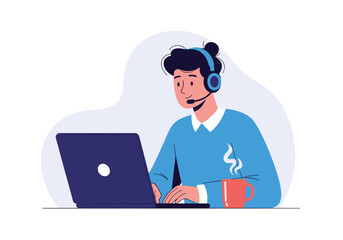 Professional customer support agent working at a desk with a laptop and hot beverage