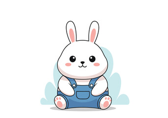 Adorable fluffy white rabbit character wearing denim overalls sitting joyfully amidst soft greenery