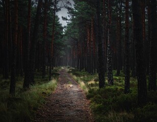 Obraz premium Enigmatic pathway leading through dense evergreen trees in the forest