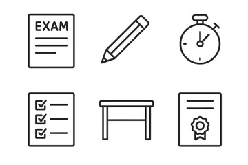 Exam preparation icons: pencil, timer, checklist, table, certificate