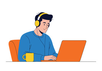 Young man wearing headphones working on laptop while enjoying coffee break at desk