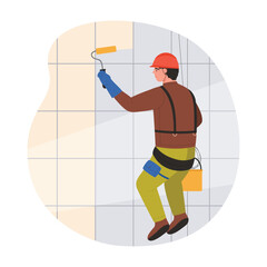 Industrial climber painting wall of building vector illustration. Cartoon construction or repair male worker in safety belt and helmet holding roller and paint bucket, work of rope access builder