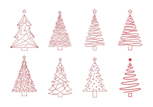 Collection of stylized christmas trees with festive designs and decorations