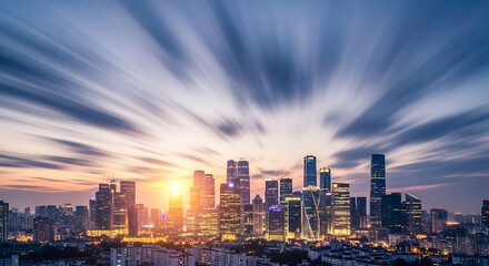 Obraz premium City Skyline with Sunset and Moving Clouds