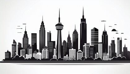 Naklejka premium a stylized black silhouette of city skylines featuring modern skyscrapers and various architectural designs suitable for graphic design projects