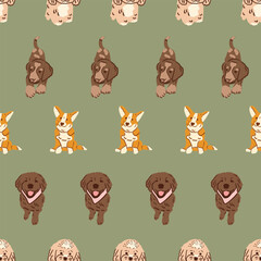 Seamless Puppy Dog Pattern Cute Labrador Corgi and Cocker Spaniel Vector Illustration
