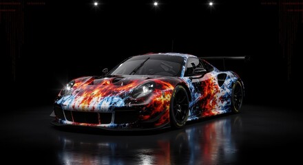 Fiery Speed: A high-performance sports car with a dramatic and colorful flame decal paint job, symbolizing raw power, aggressive speed, and custom racing style.