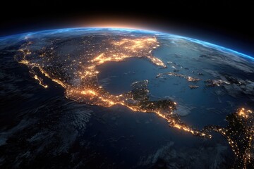 Fototapeta premium Planet Earth at Night Illuminated by City Lights Over North and Central America from Space.