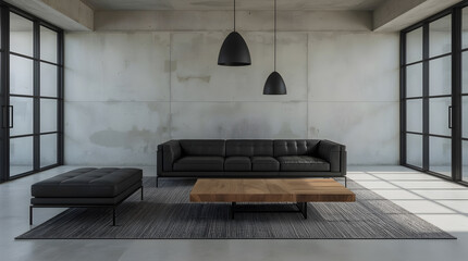 A modern minimalist living room featuring a black leather sofa, wooden coffee table, concrete walls, and large industrial-style windows.