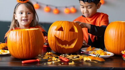 Happy children carving jack-o'-lanterns for Halloween; festive autumn scene.