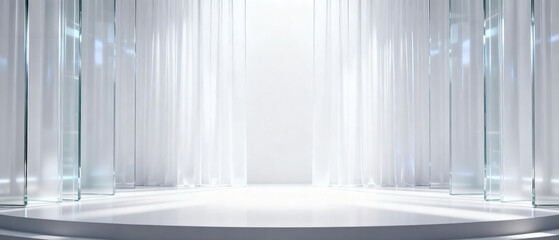 A modern and clean white interior space with an empty platform, featuring glass columns and sleek design elements.