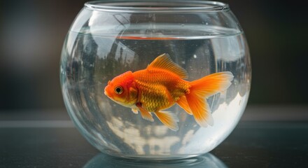 Goldfish swimming in a round glass bowl of clear water