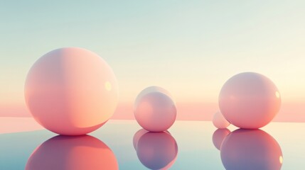 Soft, pastel spheres on a tranquil, mirrored surface