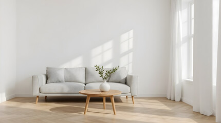A minimalist living room with a light grey sofa, a round wooden coffee table, and a vase with a plant, bathed in sunlight from a window with white curtains.
