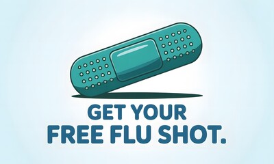 Illustration of a band aid with text get your free flu shot on a light blue background