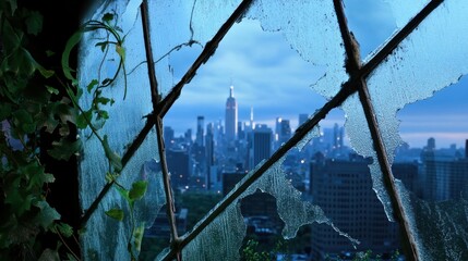 Cracked glass and tangled vines highlight an urban skyline in the distance.