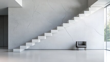 Obraz premium Cracked wall serves as backdrop to a sharp, angular staircase in soft grey tones.