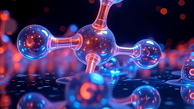 In a vibrant kaleidoscope of hues, luminous molecule unwrapping in chromatic animation reveals its intricate structure, swirling through a dynamic dance of light, with each atom reflecting