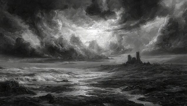 Epic dark fantasy landscape with turbulent stormy skies and a distant castle fortress.