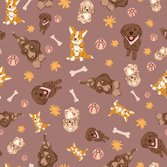 Seamless Puppy Dog Pattern Cute Labrador Corgi and Cocker Spaniel Vector Illustration