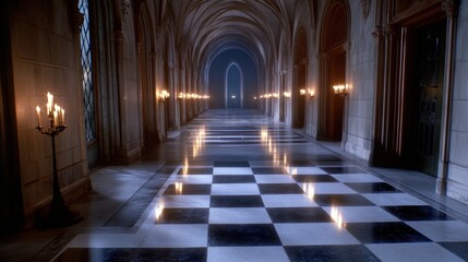 Obraz premium Deep shadows and candlelight fill a grand gothic hall with moody nighttime ambiance.