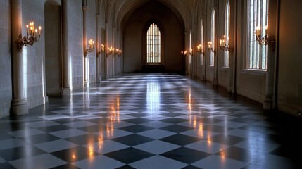 Deep shadows and candlelight fill a grand gothic hall with moody nighttime ambiance.