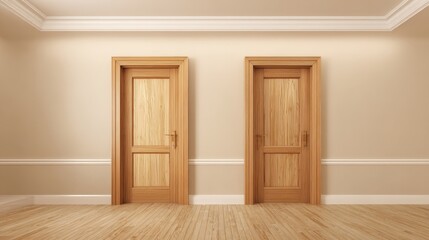Fototapeta premium Two Wooden Doors in an Empty Room Presenting Choice and Opportunity, Illustrating Decision-Making and Potential