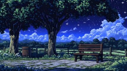 Obraz premium A tranquil countryside scene at night, featuring a wooden bench under starry skies and lush trees.