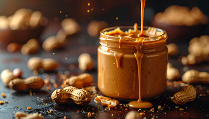 Peanut Butter Pouring into Jar with Peanuts