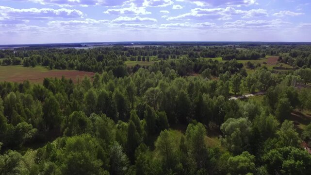 Chernobyl Zone: Epic panoramic aerial photography of the Chernobyl zone landscape. Wild forest, abandoned village and the ramified river system of the Pripyat