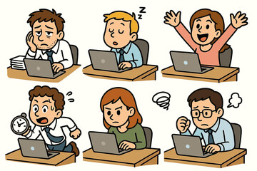 Cartoon characters exhibiting emotions at work with laptops