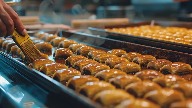 Golden baklava pieces being brushed with syrup on a large baking tray, capturing the process of preparing this traditional sweet dessert in a bakery kitchen.