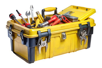 A bright yellow toolbox brimming with essential hand tools, ready for any repair or DIY project, showcasing organization and preparedness for various tasks