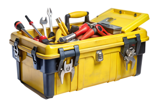 A bright yellow toolbox brimming with essential hand tools, ready for any repair or DIY project, showcasing organization and preparedness for various tasks