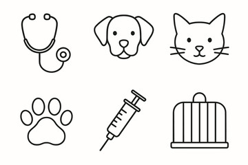 Veterinary icons: stethoscope, dog, cat, paw, syringe, cage line art collection
