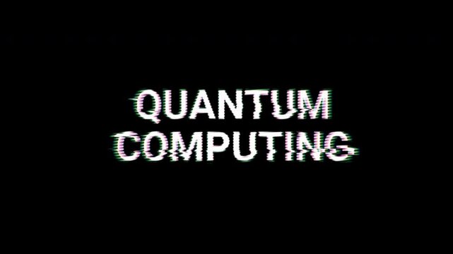 Quantum Computing word animation with futuristic glitch text effect, seamless 4K loop, modern digital typography motion design.