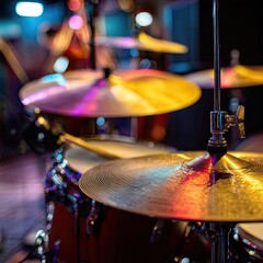 Naklejka premium Close-up of drum kit cymbals in vibrant lighting
