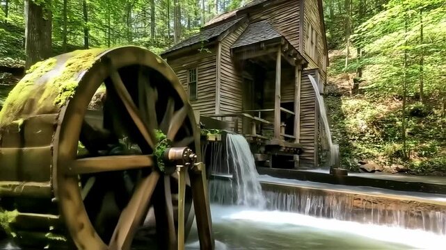 Old wooden water wheel and mill in forest