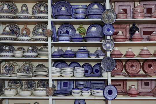 Colorful Pottery Shop Display in Guellala, Djerba, Tunisia