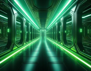 futuristic corridor with glowing green neon lights and reflective metallic surfaces disappearing into darkness