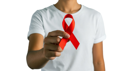 Red Ribbon for HIV/AIDS, Healthcare Campaign, Community Center, Photo, Bright Background, Close-Up, Support and Solidarity