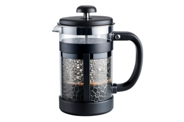 A classic glass French press coffee pot steeping fresh grounds, an essential tool for brewing aromatic, full-bodied coffee and embracing a slow morning ritual