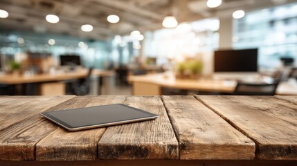 Tablet on Rustic Wooden Tabletop with Blurred Office Background for Product Mockup and Presentation
