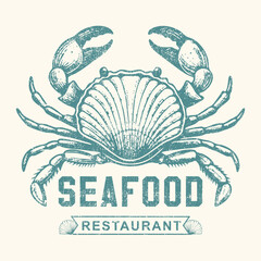 Vintage crab seafood restaurant logotype and grunge effect seafood restaurant text print t-shirt and  sweat vector design.