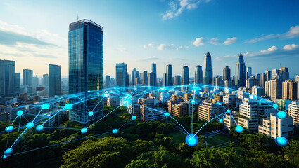 Futuristic Cityscape with Digital Network Overlay and Green Trees technology