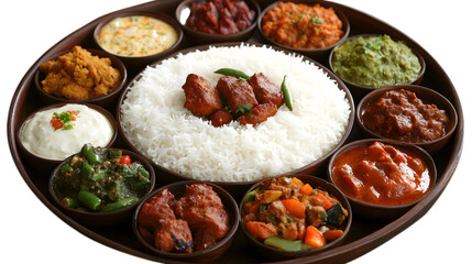 Indian Thali Featuring Rice and Varied Curries