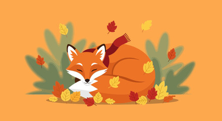 Obraz premium Cozy Fox in Autumn Leaves, Embracing the Gentle Embrace of Fall Season